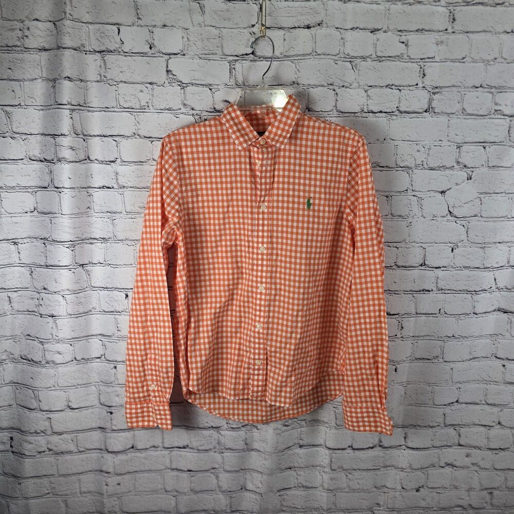 Ralph Lauren Orange Long Sleeve Gingham Check Button Up Shirt Size L (14-16)
